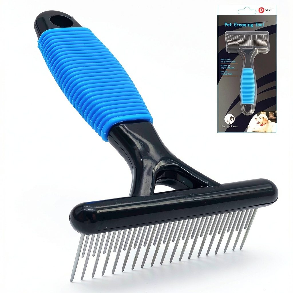 DSKRUI dog grooming rake in use on a dog's coat