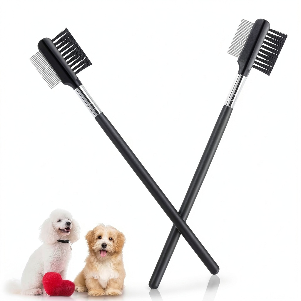 Using Cobee Dog Tear Stain Comb on a small dog's eye area
