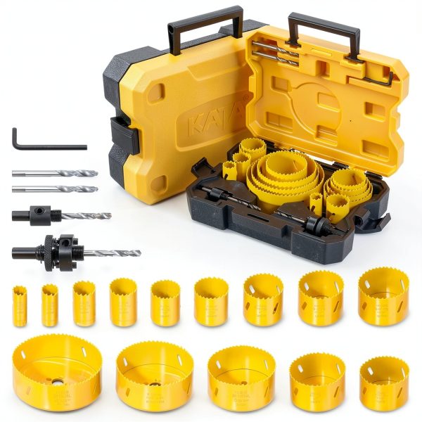 KATA Bi-Metal Hole Saw Kit, 19 Pieces M42 Steel Hole Saw Set with 3/4" -4-3/4" (19-121mm), General Purpose Hole Saw Blades in Case with Mandrels, Drill Bit, Hex Key for Thin Metal, Hard Wood, Drywall-0