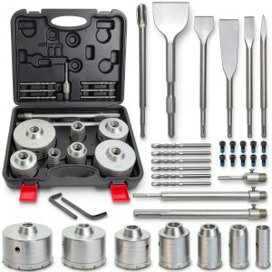 ATOLS 34PCS Concrete Hole Saw Kit, Masonry Concrete Drill Bit Set, Chisel Set with SDS Plus & Max Shanks Wall Hole Saw Drill Bit for Brick Stone Cement Wall, Kit Size 30 40 50 65 80 100 110MM-0