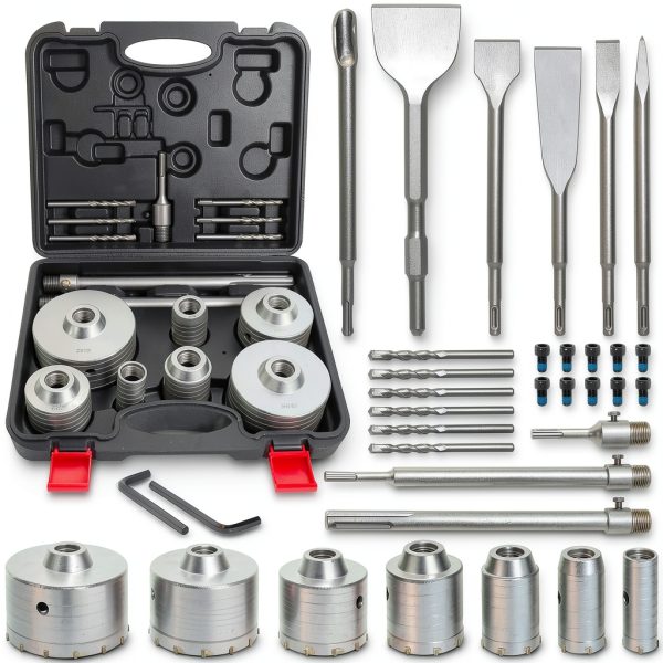 ATOLS 34PCS Concrete Hole Saw Kit, Masonry Concrete Drill Bit Set, Chisel Set with SDS Plus & Max Shanks Wall Hole Saw Drill Bit for Brick Stone Cement Wall, Kit Size 30 40 50 65 80 100 110MM-0